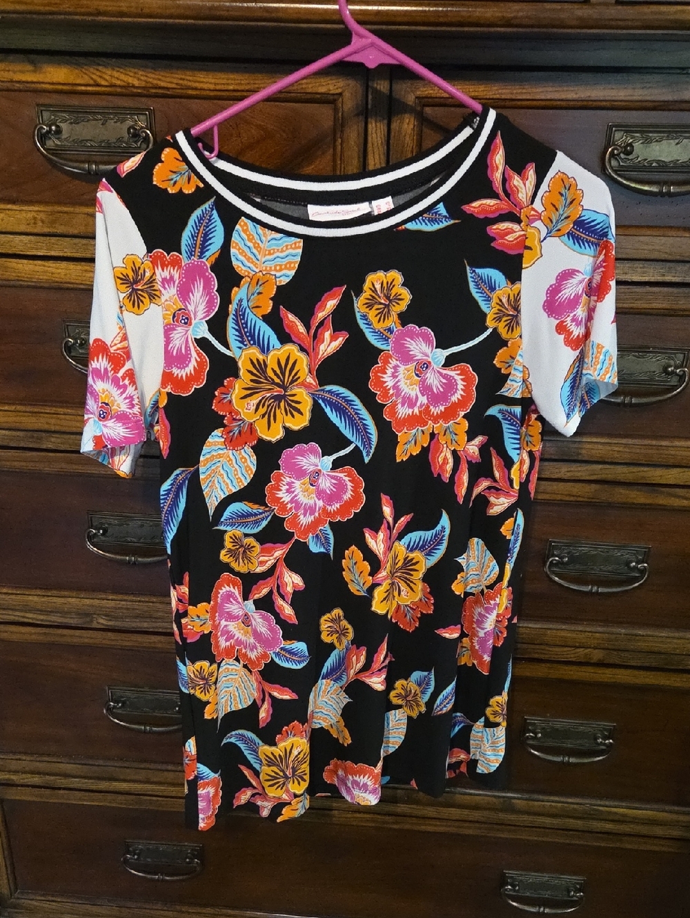 Susan Graver Liquid Knit Black Short Sleeve Top with Floral Print